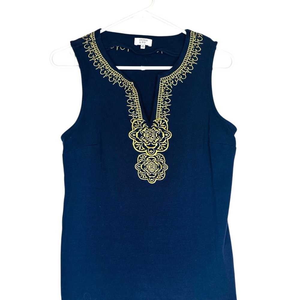 Crown and Ivy Navy Blue Sleeveless Top with Gold Embroidery